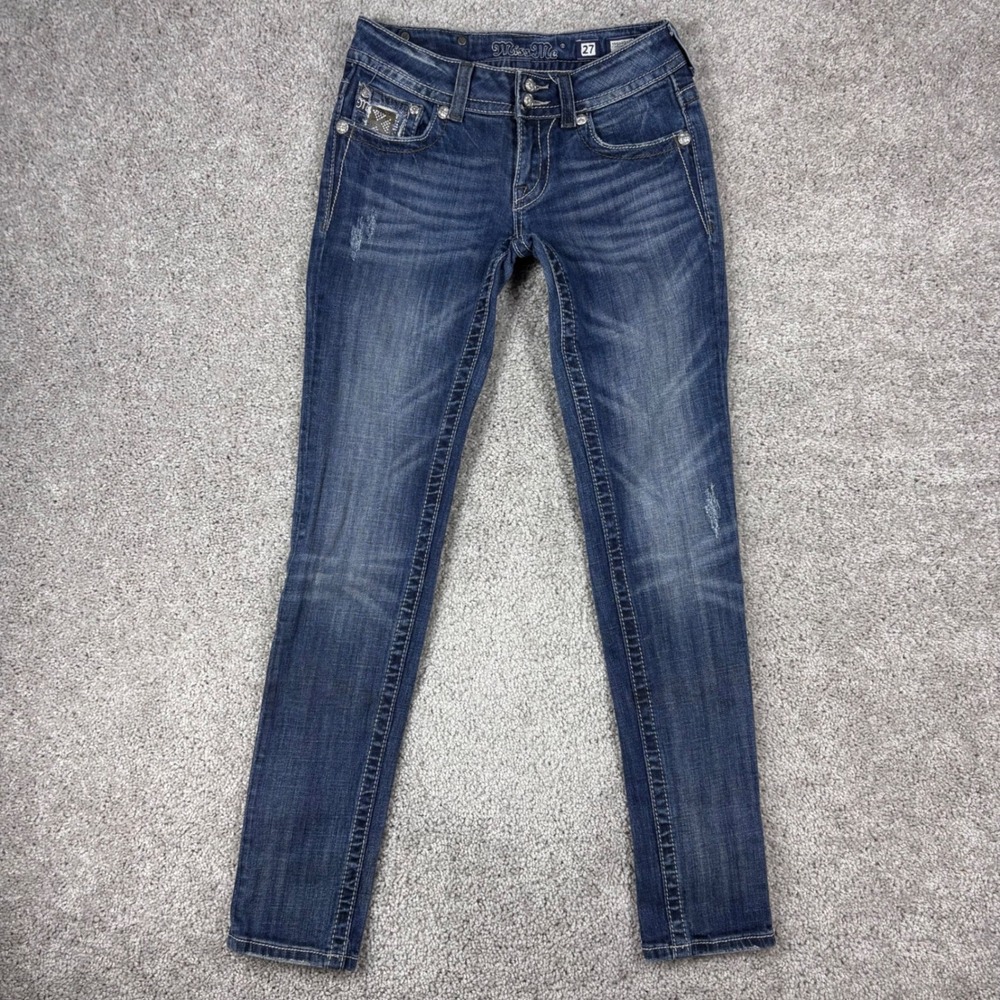 Miss Me JP5002S52 Skinny Jeans Dark Wash Embellished Rhinestone Distressed 27